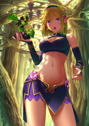 Rule 34 | 1girl, blonde hair, breasts, bridal gauntlets, cleavage cutout, clothing cutout, cowboy shot, creature, crop top, dappled sunlight, detached sleeves, earrings, elf, ese shinshi, fantasy, fingernails, food, food-themed hair ornament, from below, fruit, grape hair ornament, grapes, hair ornament, hairband, highres, holding, holding food, holding fruit, jewelry, leaf, looking at viewer, midriff, miniskirt, nail polish, navel, open mouth, original, outdoors, plant, pointy ears, purple eyes, purple nails, revealing clothes, revision, short hair, skirt, sleeveless, solo, sunlight, t thekey