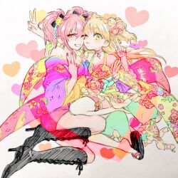 Rule 34 | 2girls, bare shoulders, blonde hair, blush, boots, double v, flower, gacho p, hair flower, hair ornament, heart, high heel boots, high heels, highres, idolmaster, idolmaster cinderella girls, japanese clothes, jougasaki mika, jougasaki rika, kimono, knee boots, long hair, looking at viewer, multiple girls, one eye closed, pink hair, sandals, siblings, sisters, smile, thighhighs, twintails, two side up, v, white thighhighs, yukata