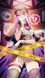 Rule 34 | 1girl, bad source, camera, capelet, caution tape, commentary, craft essence (fate), deerstalker, detective, doushimasho, fate/grand order, fate (series), footprints, glasses, gloves, hand on own chin, hat, high-waist skirt, holding, holding magnifying glass, keep out, long hair, magnifying glass, map, medusa (fate), medusa (rider) (fate), medusa (those eyes let none get away) (fate), official art, pencil skirt, purple eyes, purple hair, skirt, smoking pipe, solo, sparkle, thighhighs, very long hair, white gloves, wrist cuffs, zettai ryouiki