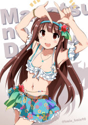 Rule 34 | 1girl, aqua skirt, arms up, bikini, blue hairband, breasts, brown eyes, brown hair, cleavage, collarbone, commentary, detached sleeves, floral print, flower, frilled bikini top, frilled skirt, frills, hairband, idolmaster, idolmaster million live!, idolmaster million live! theater days, index fingers raised, jewelry, light blush, long hair, looking at viewer, medium breasts, navel, necklace, notice lines, open mouth, shadow, sidelocks, skirt, smile, solo, stomach, swimsuit, tanaka kotoha, train 90, twitter username, white background, white bikini