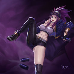 Rule 34 | 1girl, abs, absurdres, akali, belt, belt buckle, black choker, black gloves, black thighhighs, blue eyes, blue jacket, bracelet, buckle, can, choker, earrings, eyeshadow, fingerless gloves, gloves, gold bracelet, gold trim, hair between breasts, hat, heart, heart belt, highres, holding, holding can, hood, hood down, hooded jacket, jacket, jewelry, k/da (league of legends), k/da akali, lan xiezi, league of legends, licking lips, long hair, lying, makeup, midriff, multicolored hair, navel, necklace, official alternate costume, on back, open clothes, open jacket, open mouth, padded jacket, paint can, pillow, purple footwear, purple hair, purple hat, purple lips, signature, single earring, single thighhigh, smoke, solo, spray can, star (symbol), streaked hair, thighhighs, toned, tongue, tongue out