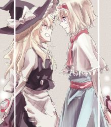 Rule 34 | 2girls, alice margatroid, angry, apron, blonde hair, blue eyes, blush, bow, box, braid, brown eyes, capelet, clenched teeth, dress, frown, gift, gift box, hair bow, hairband, hat, height difference, holding, holding behind back, kirisame marisa, long hair, looking at another, mitsunara, multiple girls, orange eyes, scowl, short hair, snarl, sweat, teeth, touhou, tsundere, witch hat, yuri