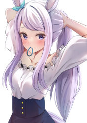 Rule 34 | 1girl, absurdres, animal ears, arms behind head, arms up, black skirt, blouse, blush, bow, collarbone, ear bow, hair tie, high-waist skirt, highres, horse ears, horse girl, horse tail, long hair, looking at viewer, mejiro mcqueen (umamusume), mouth hold, ponytail, purple eyes, purple hair, rei (ilust9999), shirt, shirt tucked in, simple background, skirt, tail, tying hair, umamusume, upper body, white background, white shirt