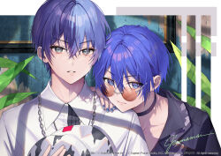 Rule 34 | 2boys, aoyagi touya, black choker, blue eyes, blue hair, blue nails, chain necklace, choker, closed mouth, collared shirt, commentary request, dark blue hair, fingernails, grey eyes, hair between eyes, hand on another&#039;s shoulder, hat, head on another&#039;s shoulder, highres, holding, holding clothes, holding hat, jewelry, kaito (vocaloid), leaf, looking at viewer, male focus, multicolored hair, multiple boys, necklace, official alternate costume, okuma mai, parted lips, project sekai, shirt, short hair, signature, split-color hair, sunglasses, two-tone hair, unworn hat, unworn headwear, upper body, vivid bad squad (project sekai), vivid bad squad kaito, vocaloid, walk on and on (project sekai)