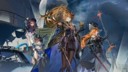 animal_ears arknights black_cape cape crest crown degenbrecher_(arknights) degenbrecher_(the_shadow_of_the_dark_moon)_(arknights) hands_on_hilt head_chain highres jewelry laurel_crown lion lion_ears lion_tail popukar_(arknights) popukar_(witch&#039;s_swing)_(arknights) siege_(arknights) tail two-sided_fabric vina_victoria_(arknights)