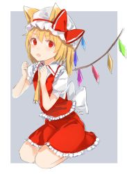Rule 34 | 1girl, animal ears, ascot, bad id, bad twitter id, blonde hair, blue background, border, bow, cat ears, crystal, fang, flandre scarlet, hat, hat ribbon, kemonomimi mode, looking at viewer, mob cap, open mouth, outside border, pokan (xz1128), puffy sleeves, red eyes, ribbon, shirt, short hair, short sleeves, side ponytail, simple background, sitting, skirt, skirt set, slit pupils, solo, touhou, vest, wings
