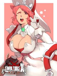 Rule 34 | 1girl, absurdres, arm up, belt, breasts, bridal veil, cleavage, clover, cosplay, dress, elphelt valentine, elphelt valentine (cosplay), four-leaf clover, guilty gear, guilty gear xrd, gun, handgun, highres, holding, holding weapon, large breasts, one eye closed, open mouth, original, pink hair, red eyes, short hair, skullworms, solo, star (symbol), v, veil, weapon, wedding dress, white dress