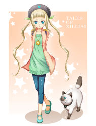 Rule 34 | 1girl, beret, black hat, blonde hair, capri pants, cat, copyright name, elle mel marta, full body, green eyes, green shirt, hat, jewelry, long hair, necklace, pants, rollo (tales), shirt, shoes, spandex, tales of (series), tales of xillia, tales of xillia 2, toshi xion, twintails