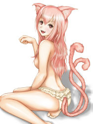 Rule 34 | 1girl, animal ears, ass, blush, breasts, cat ears, cat tail, fang, highres, irie tetsuya, multiple tails, nipples, paw pose, pink eyes, pink hair, small nipples, solo, tail, tales weaver, tetsuya, tichiel juspian, toes, topless