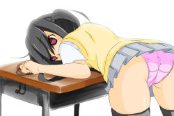 Rule 34 | 1girl, ass, bent over, black hair, desk, female focus, k-on!, nakano azusa, panties, pink panties, school uniform, solo, thighhighs, twintails, underwear, white background