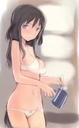 Rule 34 | 1girl, animal ears, black hair, blue eyes, bra, cup, elizabeth f. beurling, lingerie, long hair, lowleg, lowleg panties, lowres, mug, panties, shimada fumikane, solo, strike witches, strike witches: suomus misfits squadron, tail, underwear, underwear only, world witches series