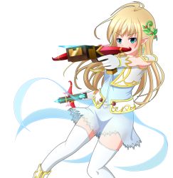 Rule 34 | 1girl, artist request, blonde hair, blue eyes, bow (weapon), crossbow, dress, elf, hair ornament, leaf hair ornament, maplestory, mercedes (maplestory), pointy ears, simple background, socks, weapon, white background, white dress, white legwear