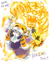 Rule 34 | 10s, 1girl, 2015, bags under eyes, character name, dated, fire, fur trim, gagame, indivisible, lantern, long hair, open mouth, pale skin, pelt, purple hair, razmi (indivisible), red eyes