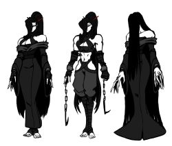 Rule 34 | 1boy, bandages, barefoot, black bandages, black dress, black gloves, black hair, black pants, black sclera, black shirt, chain, cibastion, colored sclera, costume, crop top, cuffs, curvy, dress, eldritch god, feminine, fingerless gloves, fingernails, full body, gloves, hair over face, hair over one eye, highres, hip vent, holding, holding weapon, ink (cibastion), long fingers, long hair, male focus, midriff, monster, monster boy, multiple views, muscular, muscular male, navel, one eye covered, original, outfits, pants, pectoral cleavage, pectorals, ponytail, sharp fingernails, shirt, sleeveless, toned, toned male, very long hair, weapon, white eyes, wrist cuffs
