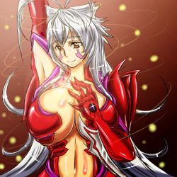 Rule 34 | amaha masane, armor, breasts, cleavage, large breasts, smile, white hair, witchblade, yellow eyes