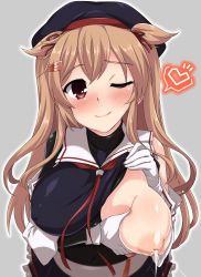 Rule 34 | 1girl, blush, breasts, brown hair, character request, full-face blush, gloves, hair ornament, hairclip, hat, highres, kantai collection, lactation, large breasts, long hair, looking at viewer, murasame (kancolle), murasame kai ni (kancolle), nipples, one breast out, one eye closed, red eyes, school uniform, serafuku, smile, solo, sweat, two side up, upper body, white gloves, yoshi tama