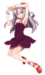 Rule 34 | 1girl, arms up, bad id, bad twitter id, bare shoulders, black dress, blue eyes, bracelet, dress, flower, hair flower, hair ornament, jewelry, light smile, looking at viewer, original, shoes, short dress, silver hair, solo, strapless, strapless dress, uni mate, white background