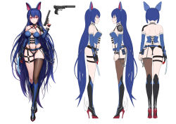 Rule 34 | 1girl, absurdly long hair, absurdres, ammunition, animal ears, arm at side, arms at sides, ass, bad id, bad pixiv id, barcode, barcode tattoo, belt, belt buckle, black choker, black footwear, black ribbon, blue hair, blush, boots, breasts, brown thighhighs, buckle, choker, claw (weapon), cleavage, closed mouth, collarbone, detached sleeves, fake animal ears, fangs, fingernails, full body, gluteal fold, greem bang, groin, gun, halterneck, high heel boots, high heels, highres, holding, holding gun, holding weapon, knee boots, long fingernails, long hair, long sleeves, looking at viewer, mechanical ears, medium breasts, multiple views, nail polish, navel, o-ring, original, pink eyes, pouch, pubic tattoo, red nails, revealing clothes, ribbon, short hair, shoulder blades, shoulder pads, sidelocks, simple background, single thighhigh, smile, standing, suppressor, tattoo, thigh gap, thigh strap, thighhighs, trigger discipline, very long hair, walther p22, weapon, white background