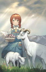 Rule 34 | 1girl, absurdres, animal, bad id, bad pixiv id, basket, blue dress, blush, braid, brown hair, closed mouth, cloud, cloudy sky, dress, emma verde, flower, goat, green eyes, hair over shoulder, highres, holding, holding basket, kasa list, lamb, long hair, long sleeves, looking at viewer, love live!, love live! nijigasaki high school idol club, mountain, outdoors, red flower, sheep, shirt, sky, sleeveless, sleeveless dress, smile, solo, standing, sunlight, twin braids, white shirt