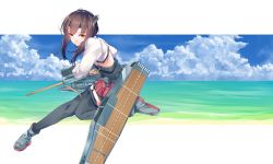 Rule 34 | 001machi, 1girl, absurdres, bike shorts, black thighhighs, blue sky, bow (weapon), brown eyes, brown hair, cloud, corset, crossbow, day, flight deck, full body, headband, headgear, highres, horizon, kantai collection, looking at viewer, ocean, pleated skirt, red skirt, short hair, shorts, shorts under skirt, skirt, sky, solo, taihou (kancolle), thighhighs, weapon