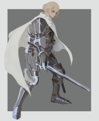 Rule 34 | 1girl, armor, armored boots, blonde hair, blue eyes, boots, border, cape, fantasy, faulds, female focus, female knight, gauntlets, grey background, hair bun, highres, holding, holding sword, holding weapon, knight, metal nick, original, plate armor, single hair bun, solo, sword, weapon, white border, white cape