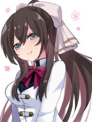 Rule 34 | 1girl, aqua eyes, assault lily, black jacket, blush, bow, bowtie, breasts, brown bow, brown hair, buttons, closed mouth, commentary, flower (symbol), hair between eyes, hair bow, herensuge girls academy school uniform, high ponytail, jacket, long hair, long sleeves, looking at viewer, maa (roninnn), medium breasts, ponytail, red bow, red bowtie, school uniform, serizawa chikaru, sidelocks, simple background, smile, solo, upper body, white background, white jacket