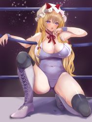 Rule 34 | 1girl, blonde hair, blush, boots, breasts, cismlyri, cleavage, commission, hat, highres, kneeling, large breasts, long hair, nail polish, one-piece swimsuit, open mouth, purple eyes, purple nails, skeb commission, solo, sweat, sweatband, swimsuit, thighs, touhou, touhou tag dream, white footwear, white hat, wrestling outfit, wrestling ring, yakumo yukari