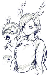 Rule 34 | 1girl, anger vein, angry, animal, antlers, breasts, closed mouth, collarbone, expressionless, eyelashes, fangs, greyscale, highres, horns, kicchou yachie, monochrome, open mouth, otter, sharp teeth, shell, short hair, sketch, slit pupils, small breasts, solo, spacezin, teeth, touhou, upper body