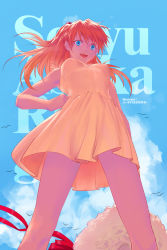 Rule 34 | 1girl, :d, @ bystander, animal, artist name, bird, blue eyes, blue sky, breasts, breasts apart, bystander, character name, cloud, day, dress, english text, from below, hand on own hip, hat, highres, interface headset, legs, long hair, looking down, medium breasts, neon genesis evangelion, open mouth, orange hair, sky, sleeveless, sleeveless dress, smile, smug, solo, souryuu asuka langley, standing, straw hat, sundress, teeth, twitter username, upper teeth only, yellow dress