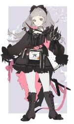 Rule 34 | 1girl, absurdres, adapted costume, arknights, black bow, black choker, black dress, black footwear, boots, bow, choker, closed mouth, dal-gi, dress, earrings, frilled dress, frills, full body, green eyes, grey hair, hair bow, head wings, highres, irene (arknights), jewelry, long hair, long sleeves, looking at viewer, low twintails, pantyhose, puffy long sleeves, puffy sleeves, scar, scar across eye, short bangs, solo, twintails, very long hair, white bag, white pantyhose, wings