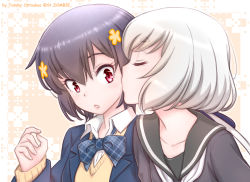 Rule 34 | 2girls, black dress, black hair, blazer, blue jacket, kissing cheek, commentary request, dress, closed eyes, face-to-face, jacket, kiss, konno junko, long hair, low twintails, mizuno ai, multiple girls, open mouth, red eyes, school uniform, shirt, short hair, silver hair, studiozombie, surprised, sweater, twintails, upper body, white shirt, yellow sweater, yuri, zombie land saga