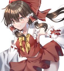 Rule 34 | 1girl, bare shoulders, blush, bow, bowtie, breasts, brown eyes, brown hair, closed mouth, collar, collared shirt, detached sleeves, frills, hair between eyes, hair ornament, hair tubes, hakurei reimu, long sleeves, looking at viewer, medium breasts, ponytail, red bow, red shirt, red skirt, shiromoru (yozakura rety), shirt, short hair, sidelocks, simple background, skirt, smile, solo, standing, touhou, white background, white sleeves, wide sleeves, yellow bow, yellow bowtie
