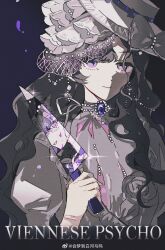 Rule 34 | 1girl, absurdres, black background, black hair, different reflection, dress, english text, gown, hand up, hat, highres, hl (iamawhitehippo), holding, holding knife, isolde (reverse:1999), juliet sleeves, knife, long hair, long sleeves, puffy sleeves, purple eyes, reflection, reflective weapon, reverse:1999, smile, solo, upper body, weibo logo, weibo watermark, white dress, white hat, white veil