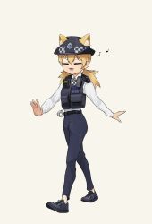 Rule 34 | 1girl, :3, animal ears, belt, black belt, black footwear, blonde hair, blue pants, body armor, body cam, cat ears, cellphone, checkered clothes, checkered necktie, closed eyes, collared shirt, cuffs, dongdong (0206qwerty), dress shirt, epaulettes, fang, girls&#039; frontline, handcuffs, hat, highres, idw (girls&#039; frontline), load bearing equipment, load bearing vest, long hair, long sleeves, music, musical note, necktie, no socks, open mouth, pants, phone, pocket, police, police hat, police uniform, policewoman, shirt, shoes, sidelocks, simple background, singing, twintails, uniform, united kingdom, walking, white background, white shirt