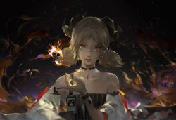Rule 34 | 1girl, a-m-one, arknights, bare shoulders, black choker, blonde hair, blurry, blurry foreground, bracelet, chinese commentary, choker, collarbone, commentary request, curled horns, dark, depth of field, feathers, fire, highres, horns, ifrit (arknights), jewelry, looking at viewer, low twintails, magic, nail polish, orange eyes, parted lips, short twintails, smile, solo, striped, twintails, upper body, vertical stripes