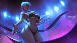 Rule 34 | 1girl, black bra, black panties, bra, breasts, cleavage, evelynn (league of legends), eyelashes, highleg, highleg panties, highres, k/da (league of legends), lace, lace bra, lace panties, large breasts, league of legends, lingerie, lips, lolliedrop, long hair, nose, panties, reaching, reaching towards viewer, silver hair, solo, stage, stage lights, standing, the baddest evelynn, thick thighs, thighs, underwear, very long hair