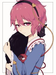 Rule 34 | 1girl, animal, black cat, black hairband, blue shirt, cat, commentary request, frilled shirt collar, frilled sleeves, frills, hair between eyes, hair ornament, hairband, heart, heart hair ornament, highres, holding, holding animal, holding cat, kaenbyou rin, kaenbyou rin (cat), komeiji satori, long sleeves, looking at viewer, marsen, outside border, pink eyes, pink hair, ribbon-trimmed collar, ribbon trim, shirt, short hair, simple background, smile, solo, third eye, touhou, upper body, white background, wide sleeves