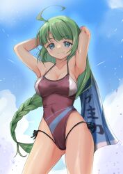 Rule 34 | 1girl, absurdres, ahoge, armpits, arms behind head, blue eyes, blue sky, braid, breasts, brown one-piece swimsuit, casual one-piece swimsuit, cleavage, cloud, commentary request, contrapposto, green hair, highres, kantai collection, large breasts, long hair, looking at viewer, medium breasts, mole, mole under mouth, multicolored clothes, multicolored swimsuit, one-piece swimsuit, side-tie swimsuit, single braid, sky, solo, standing, swimsuit, towel, very long hair, yashin (yasinz), yuugumo (kancolle)