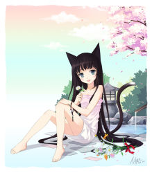 Rule 34 | 1girl, :d, animal ears, bad id, bad pixiv id, barefoot, black hair, blue eyes, bracelet, cat ears, cat tail, cherry blossoms, clover4th, feet, flower, hand on own knee, jewelry, legs, long hair, nyanya, open mouth, original, petals, sitting, smile, solo, stone lantern, tail, very long hair
