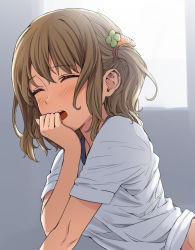 Rule 34 | 1girl, bad id, bad pixiv id, blush, brown hair, carrot hair ornament, closed eyes, clothes lift, covering own mouth, food-themed hair ornament, gym shirt, gym uniform, hair ornament, hand over own mouth, medium hair, one side up, open mouth, original, shirt, shirt lift, short sleeves, solo, upper body, yoropa