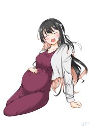 Rule 34 | 1girl, ^ ^, black hair, blush, breasts, brown hair, cardigan, closed eyes, collarbone, colored inner hair, dress, facing viewer, grey cardigan, hair ribbon, hand on own stomach, head tilt, highres, kantai collection, medium breasts, multicolored hair, naganami (kancolle), pregnant, purple dress, ribbon, satetsu (satetsu3135), solo, sweatdrop, white background, white ribbon