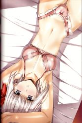 Rule 34 | 1girl, armpits, arms up, bed sheet, blue eyes, blush, bow, bow bra, bow panties, bra, breasts, breasts apart, cleavage, cowboy shot, dutch angle, evil heart, frilled bra, frilled panties, frills, from above, grey eyes, groin, hair bow, highleg, highleg panties, highres, looking at viewer, lying, medium breasts, mirei akira, navel, official art, on back, on bed, panties, parted lips, pink bra, pink panties, red bow, scan, scar, solo, sparkle, thigh gap, underwear, underwear only, upside-down, urushihara satoshi, white hair