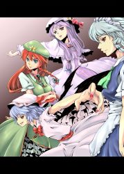 Rule 34 | 4girls, blue hair, china dress, chinese clothes, colorized, derivative work, dress, ember (7012), female focus, hat, highres, hong meiling, izayoi sakuya, long hair, maid, multiple girls, patchouli knowledge, purple hair, red hair, remilia scarlet, ribbon, short hair, silver hair, embodiment of scarlet devil, touhou, wings