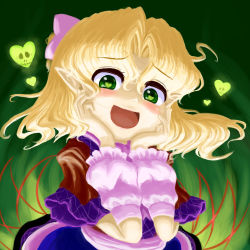 Rule 34 | 1girl, :d, arm warmers, blonde hair, blush, green eyes, hands on own face, heart, heart-shaped pupils, looking at viewer, mizuhashi parsee, official style, open mouth, shirt, short hair, short sleeves, skirt, smile, solo, symbol-shaped pupils, touhou, yandere trance, yuki-ichigo, zun (style)