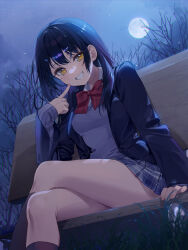 Rule 34 | 1girl, a20 (atsumaru), absurdres, arm support, bench, black hair, black socks, blazer, blue jacket, bow, bowtie, breasts, clenched teeth, collared shirt, commentary, crossed legs, english commentary, forest, from below, grey skirt, grey sweater vest, highres, jacket, kneehighs, long hair, long sleeves, looking at viewer, moon, nature, night, night sky, open clothes, open jacket, original, plaid, plaid skirt, pleated skirt, pointing, pointing at self, red bow, red bowtie, school uniform, shirt, sidelocks, sitting, skirt, sky, small breasts, smile, socks, solo, star (sky), sweater vest, teeth, tree, white shirt, yellow eyes