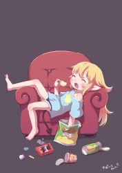 Rule 34 | 1girl, armchair, bare legs, barefoot, blonde hair, blush, chair, chips (food), closed eyes, cutoffs, demon tail, denim, denim shorts, easy chair, eating, fang, feet, food, highres, legs, off shoulder, original, pointy ears, shorts, snack, solo, tail, ueno musashi