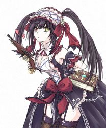 Rule 34 | 1girl, amderxamder, arm strap, black hair, black thighhighs, book, bow, breasts, cleavage, clock eyes, cowboy shot, date a live, floating hair, frilled bow, frills, garter straps, gun, heterochromia, holding, holding gun, holding weapon, leaning forward, lolita fashion, long hair, medium breasts, orange eyes, red bow, simple background, sketch, solo, standing, symbol-shaped pupils, thighhighs, tokisaki kurumi, weapon, white background, yellow eyes