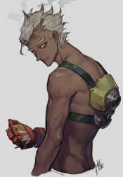 Rule 34 | 1boy, arm at side, back, belt, burning hair, cropped torso, dark-skinned male, dark skin, dirty, dirty face, explosive, fan ju, fang, fang out, from side, grey background, grey hair, hair slicked back, highres, holding, junkrat (overwatch), leaning forward, looking at viewer, male focus, mechanical arms, overwatch, overwatch 1, parted lips, signature, simple background, single mechanical arm, sketch, smoke, solo, topless male, yellow eyes