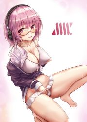 Rule 34 | 10s, 1girl, ashfair, bikini, blush, bow, breasts, collarbone, collared shirt, frilled bikini, frills, glasses, gridman universe, headphones, jacket, large breasts, light purple hair, long sleeves, looking at viewer, navel, open clothes, open jacket, open mouth, open shirt, purple eyes, purple jacket, shinjou akane, shirt, smile, solo, spread legs, squatting, ssss.gridman, stomach, sweat, swimsuit, white bikini, white shirt