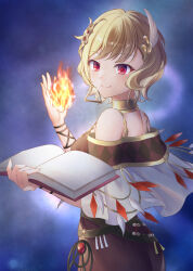 Rule 34 | 1girl, blonde hair, book, choker, citrinne (fire emblem), dress, earrings, feather hair ornament, feathers, fire, fire emblem, fire emblem engage, gold choker, gold trim, hair ornament, highres, holding, holding book, hoop earrings, jewelry, looking at viewer, necklace, nintendo, ponntatta, red eyes, shawl, short hair, solo